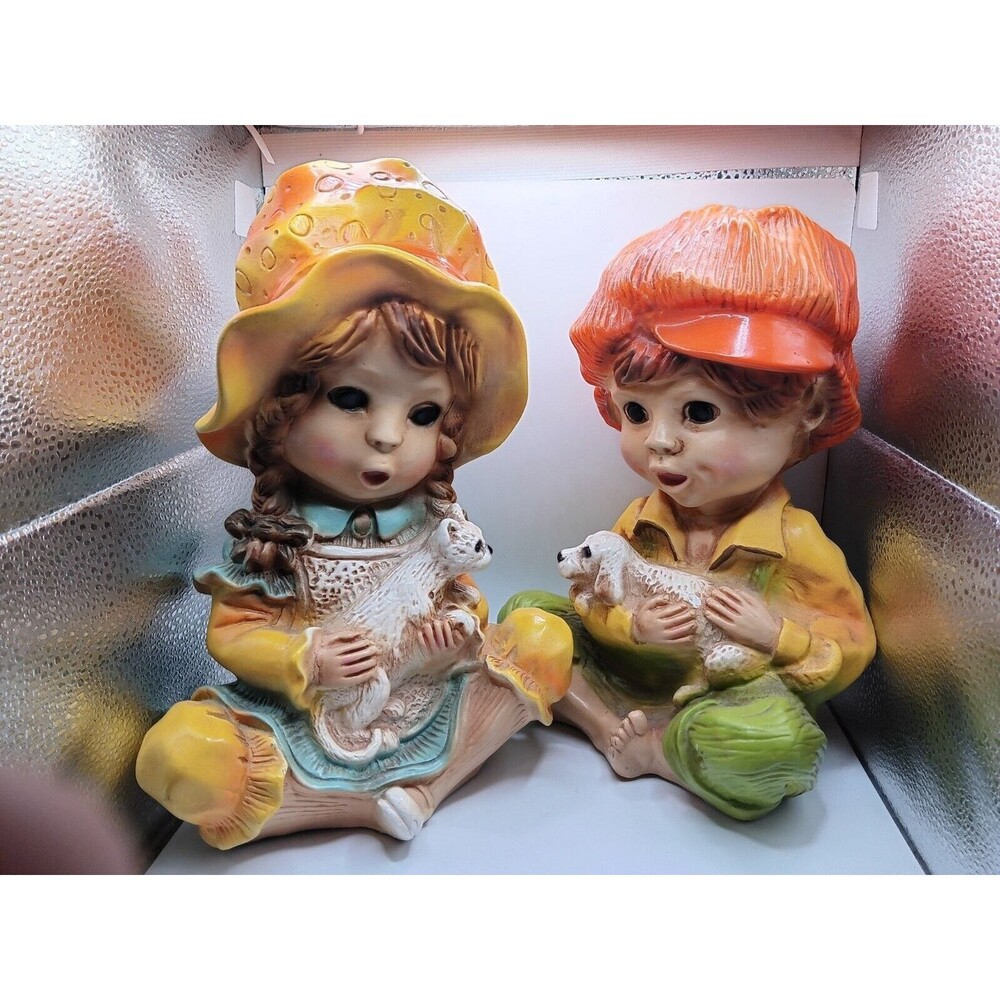 Pair Of Vintage Universal Statuary 1974 Boy and Girl Statue Set Sitting Dog Cat